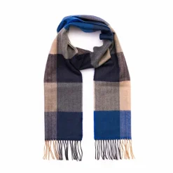 John Hanly Merino Wollen Sjaal Blauw Marineblauw Zand Blokruit