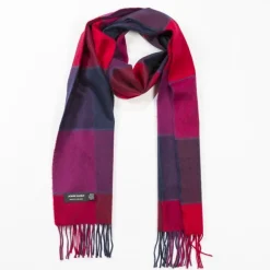 John Hanly Merino Wollen Sjaal Rood Roze Marineblauw Blokruit